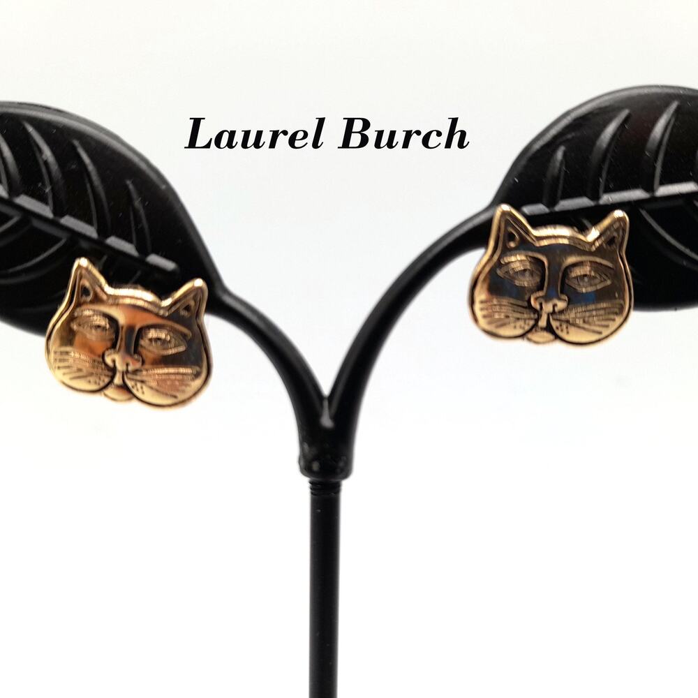 Laurel Burch Cat Face Post Earrings Gold Plated Black Enamel Vintage 1980s